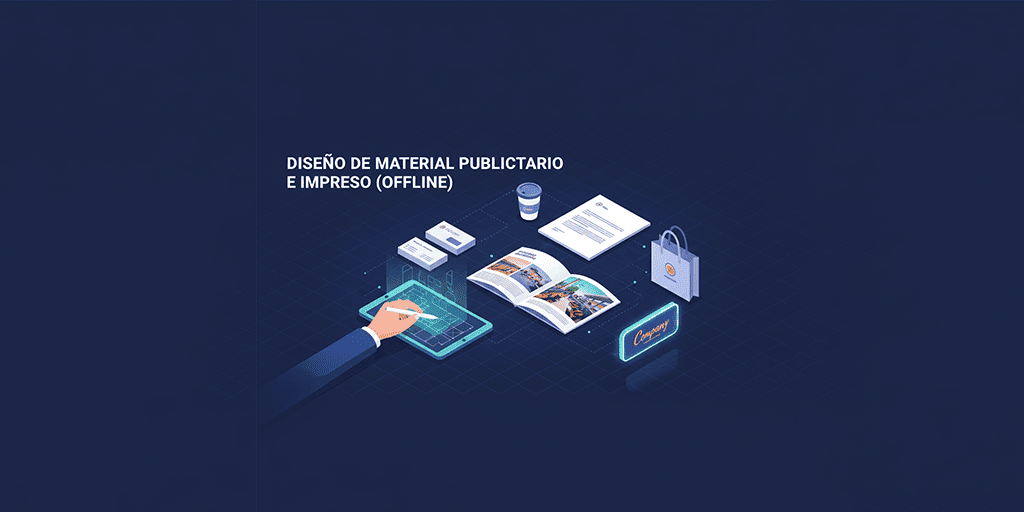 Diseño Gráfico y Branding: La Identidad Visual que Impulsa tu Negocio Composición visual de materiales de diseño gráfico impreso: papelería corporativa, folletos publicitarios y merchandising de marca.