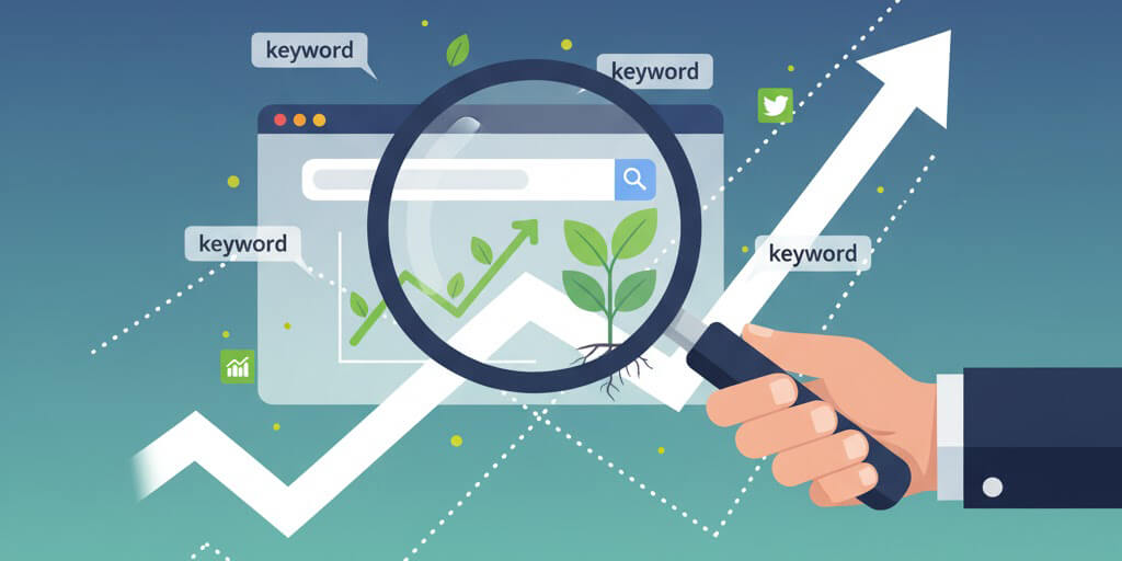 Estrategias de Marketing Digital a Medida: Resultados Medibles para tu Negocio Ilustración que representa una lupa analizando palabras clave y una estrategia de crecimiento orgánico SEO para negocios en Sevilla.